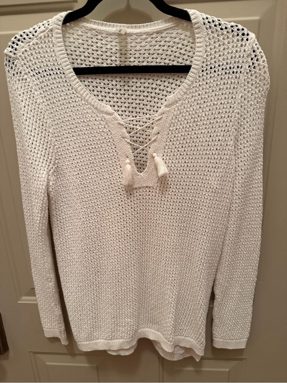 Soft As A Grape 100% Cotton Open-Knit Lace-Up Crewneck Sweater in White
